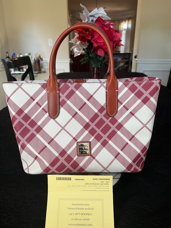 Dooney & Bourke Handbags - Dooney & Bourke Red Plaid Tote with Tan Leather Handles And Cross Body Straps